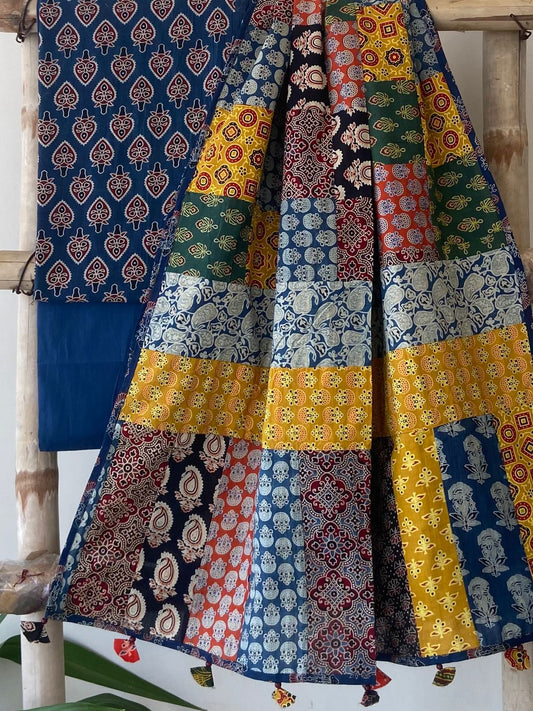 Ajrakh Dupatta suit With hand applique mirror work Ajarakh print Suit pcs with patch work and mirror work dupatta
