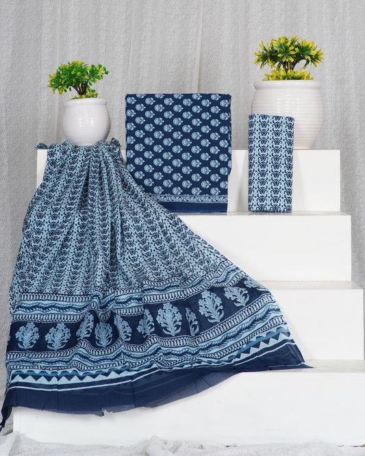 Hand Block Printed Cotton Suit With Mulmul Cotton Dupatta