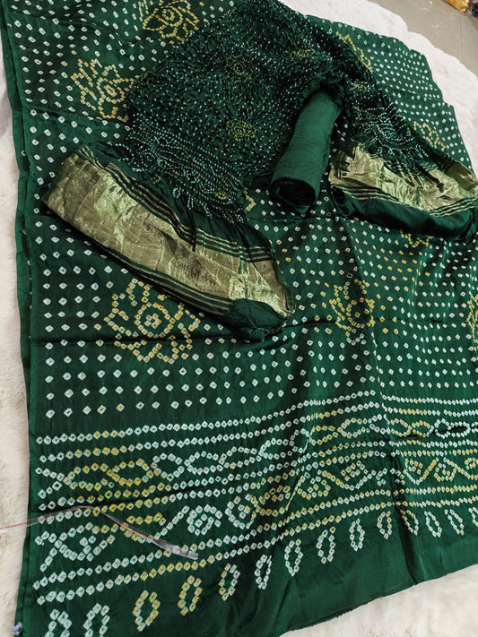GREEN BANDHANI PURE GAJJI SILK FABRIC SUITS WITH HEAVY ZARI RICH HAND PALLU DUPATTA