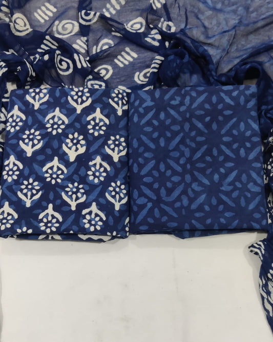 Indigo Hand Block Printed Cotton Suit With Chiffon Dupatta
