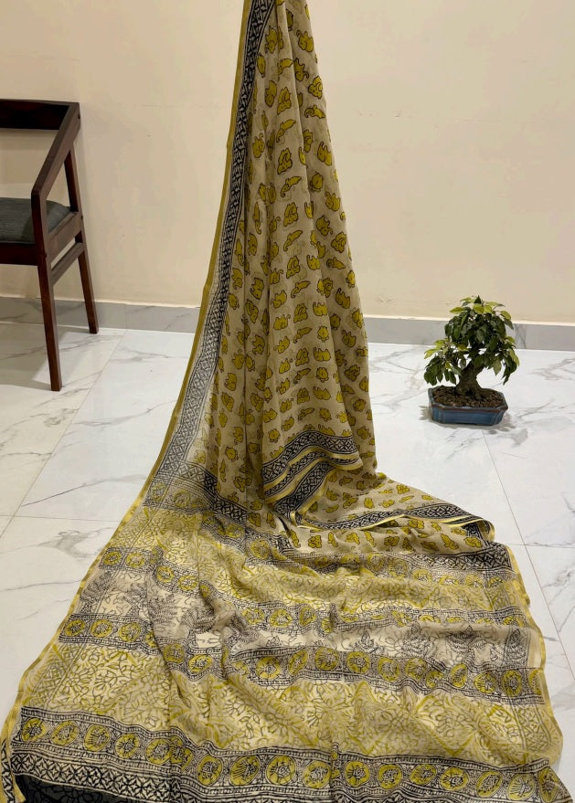 Exclusive Premium Handblock Printed Pure Double Diamond Chiffon Saree with Matching Blouse Piece – Beige & Mustard Gold