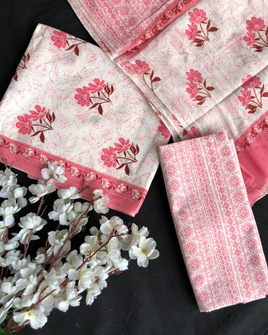 Hand Block Printed Cotton Suit With Mulmul Cotton Dupatta