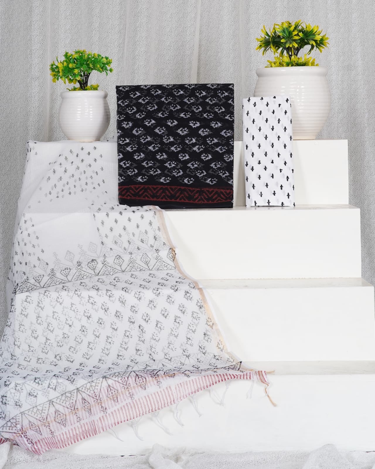 Black & White Handblock Printed Kota Doria Suit Material With Kota Doria Dupatta with Jari Border