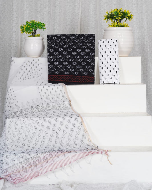 Black & White Handblock Printed Kota Doria Suit Material With Kota Doria Dupatta with Jari Border