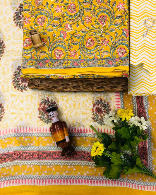 Hand Block Printed Cotton Suit With Mulmul Cotton Dupatta