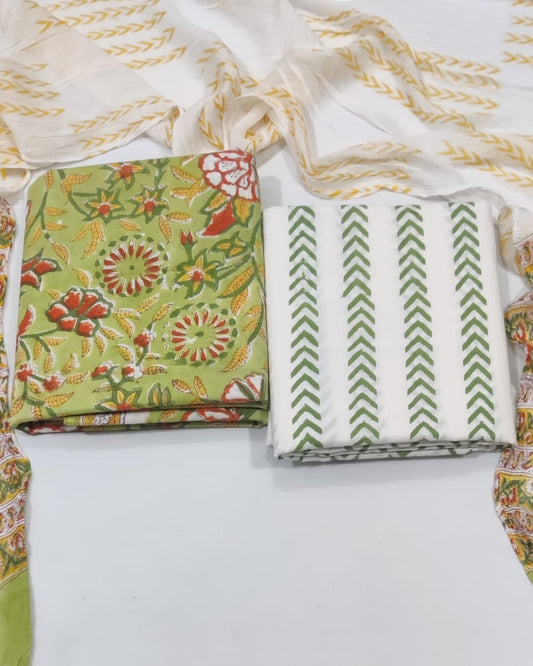 Rapid Hand Block Printed Cotton Suit With Chiffon Dupatta