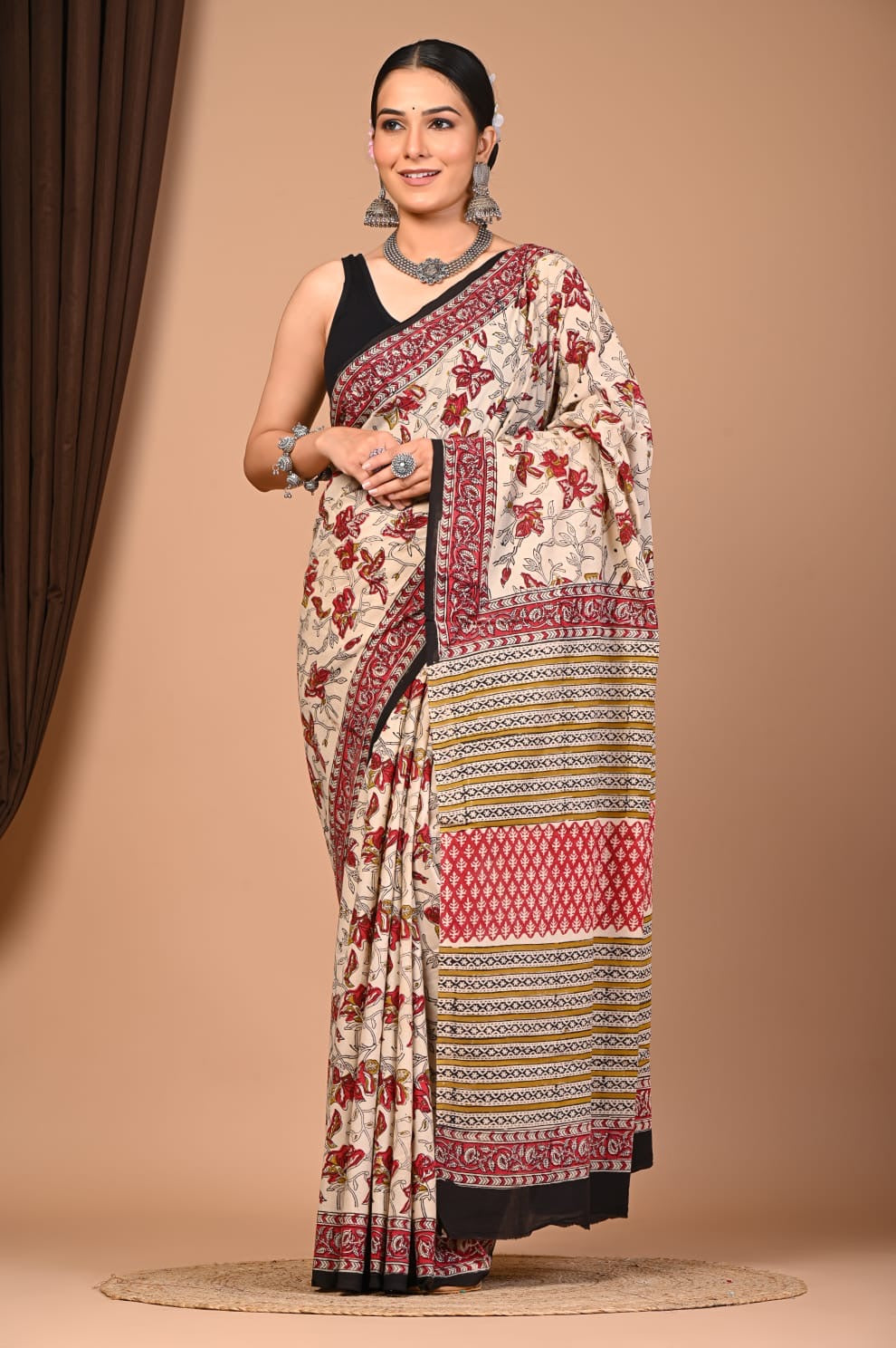 Bagru Dabu Hand Block Printed Cotton Mulmul Saree with Blouse Piece