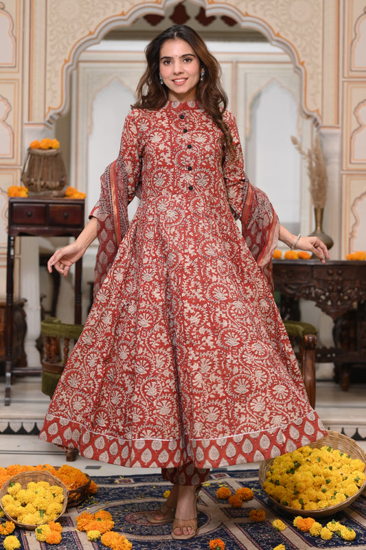 Bagru Handblock Printed Anarkali Set With Kota doria Dupatta with Zari Border