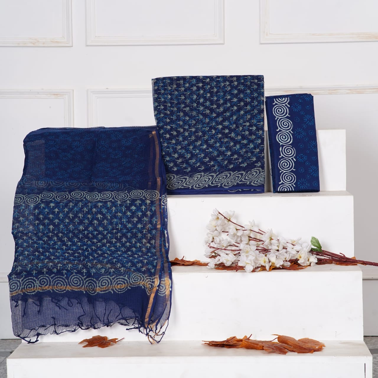 Indigo Handblock Printed Kota Doria Suit Material With Kota Doria Dupatta with Jari Border