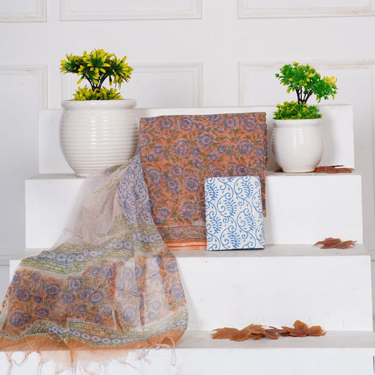 Orange Sanganeri Handblock Printed Kota Doria Suit Material With Kota Doria Dupatta with Jari Border