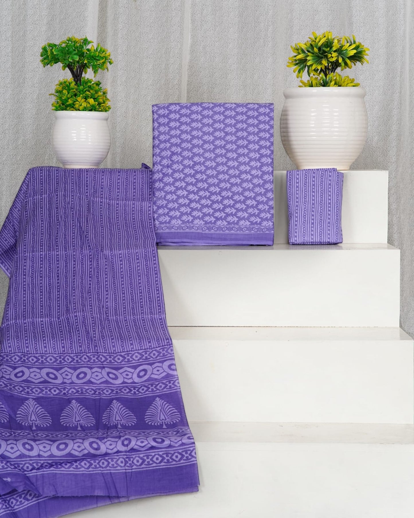 Hand Block Printed Cotton Suit With Mulmul Cotton Dupatta