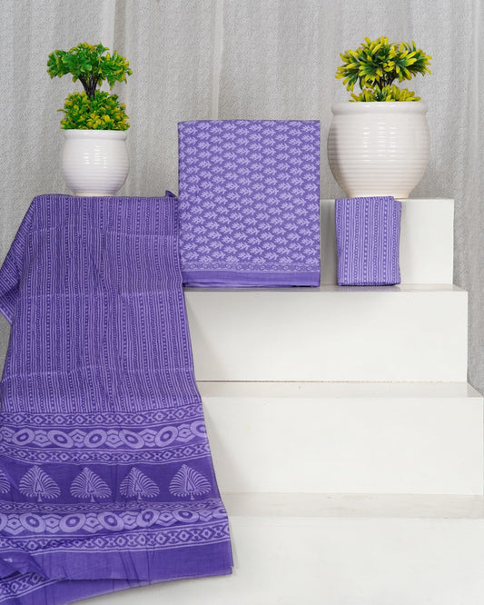 Hand Block Printed Cotton Suit With Mulmul Cotton Dupatta