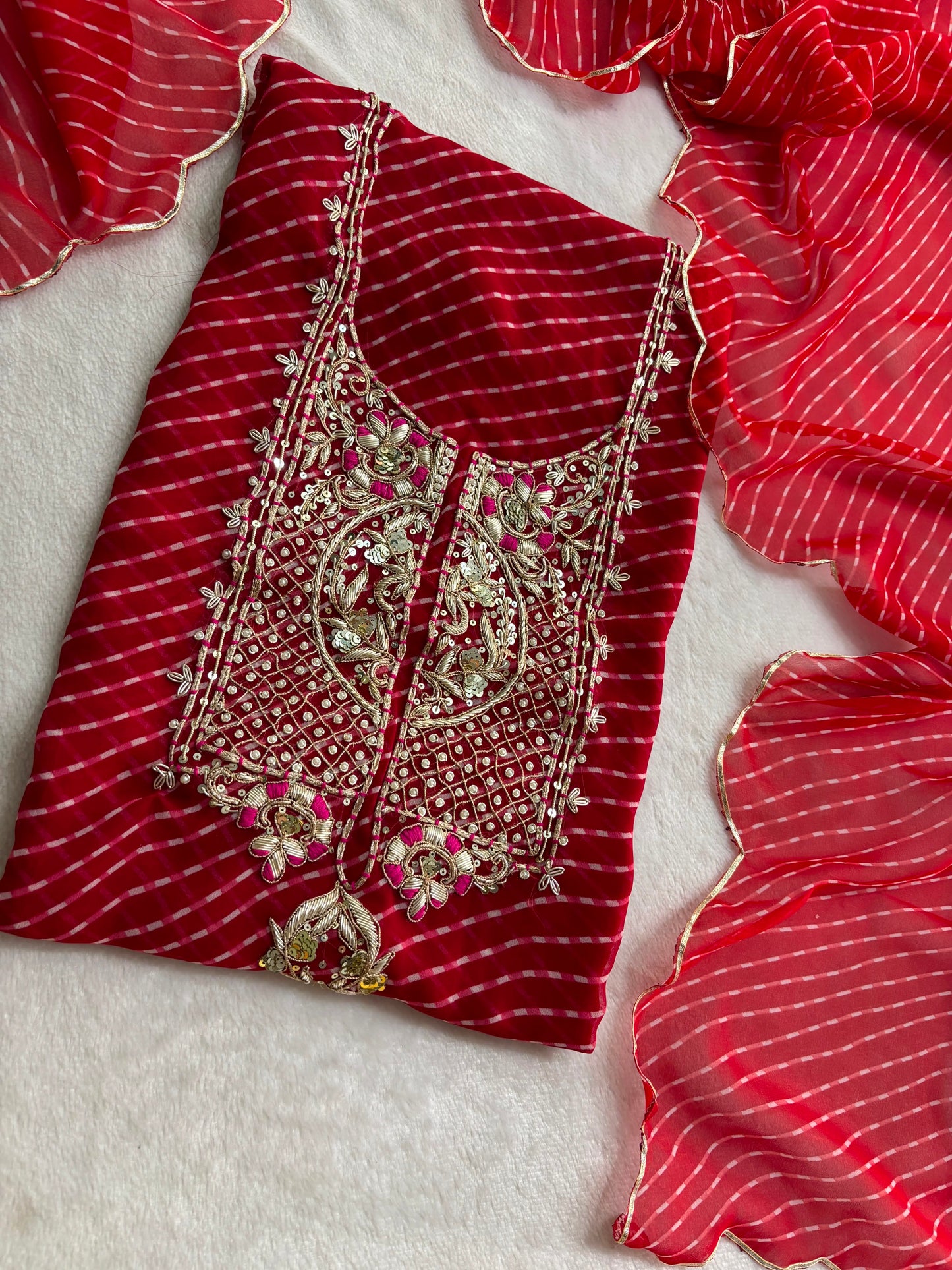 Teej Special Red Leheriya Georgette Suit with Heavy Hand Embroidery zardozi work | THE BHANKAR'S