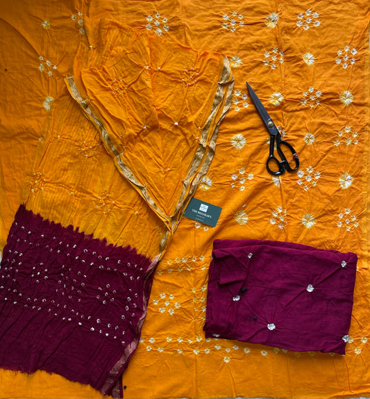 BANDHANI COTTON SUIT SET WITH MULMUL DUPATTA