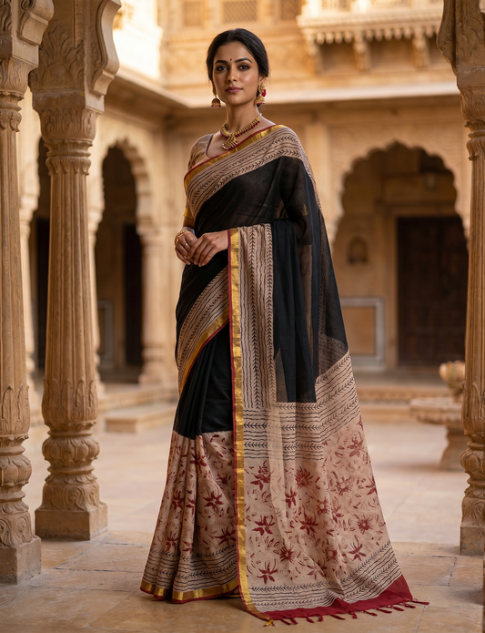 Exclusive Premium Handblock Printed Pure Double Diamond Chiffon Saree with Matching Blouse Piece – Black & Beige