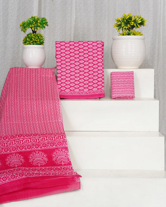 Hand Block Printed Cotton Suit With Mulmul Cotton Dupatta