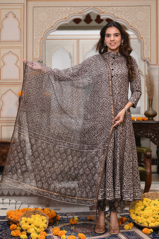 Bagru Handblock Printed Anarkali Set With Kota doria Dupatta with Zari Border