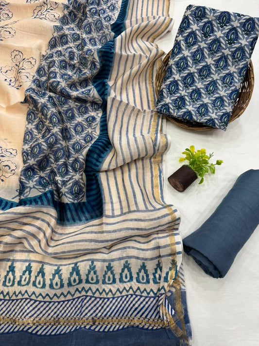 Premium Handblock Print Pure Chanderi Silk Unstitched Suit Set – Handwoven Zari Border | The Bhankar’s