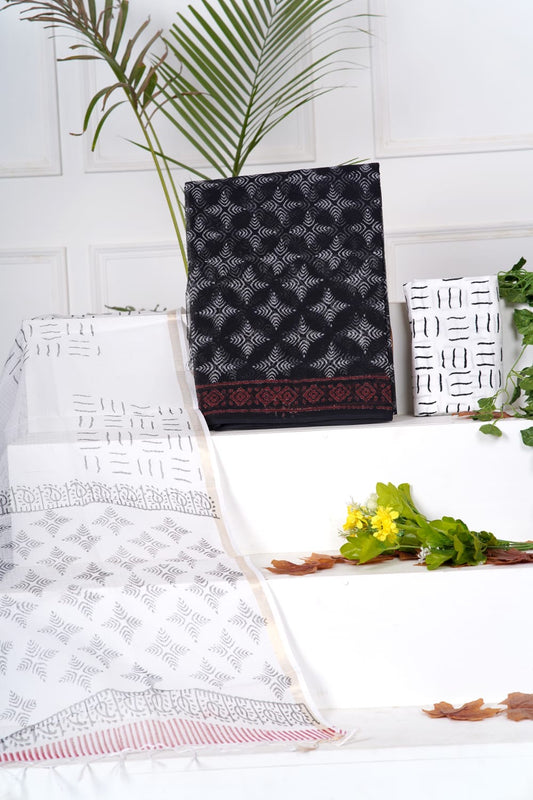 Black & White Handblock Printed Kota Doria Suit Material With Kota Doria Dupatta with Jari Border