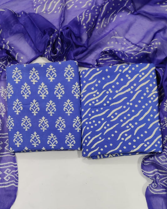 Blue Dabu Hand Block Printed Cotton Suit With Chiffon Dupatta