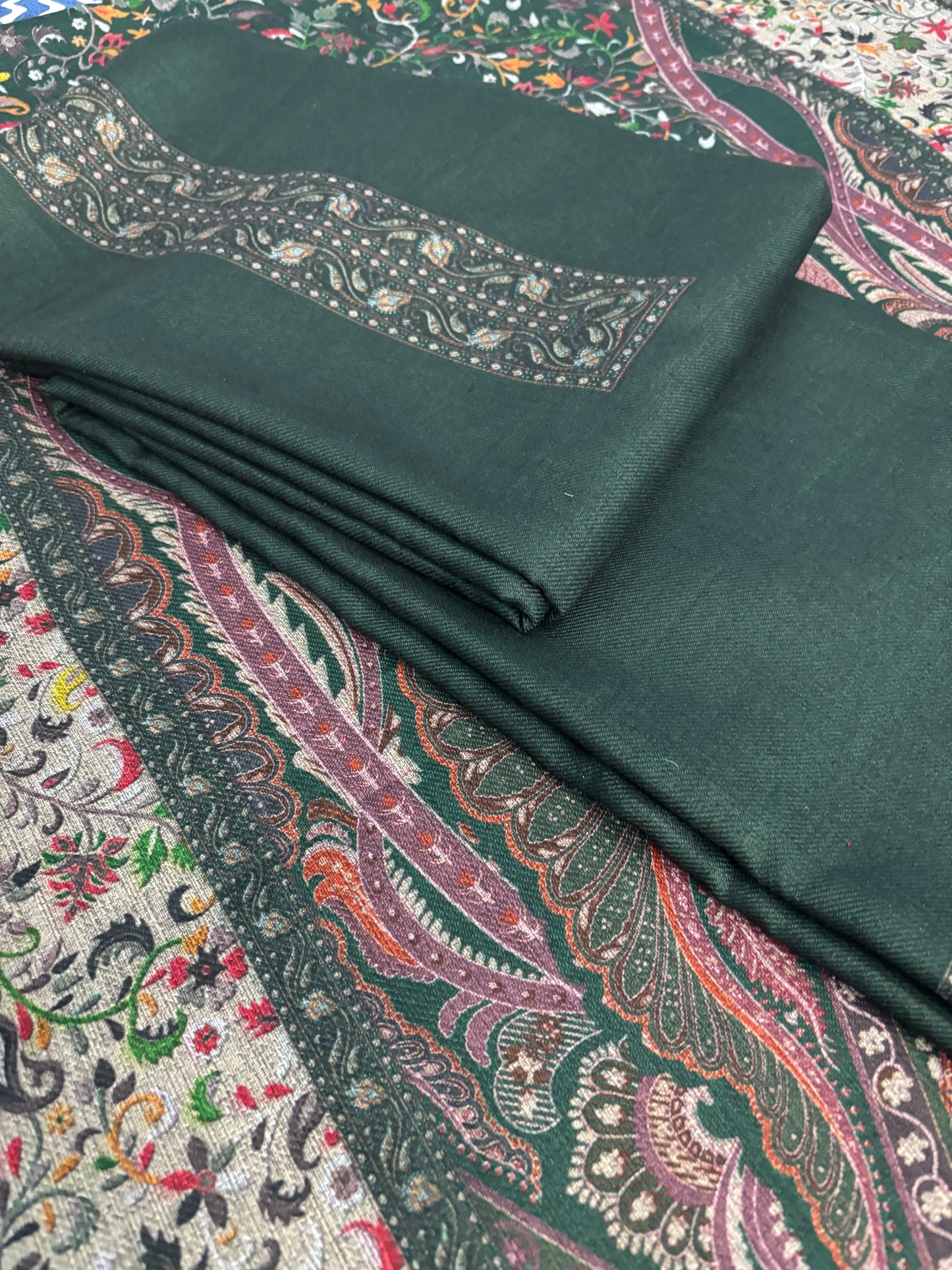 Green Panel Style Floral Printed Semi Pashmina Winter Suit Set
