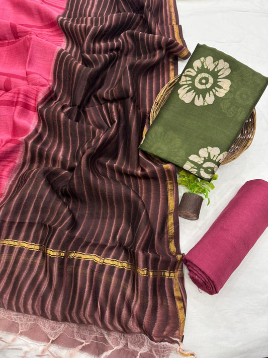 Premium Handblock Print Pure Chanderi Silk Unstitched Suit Set – Handwoven Zari Border | The Bhankar’s (Copy) (Copy)