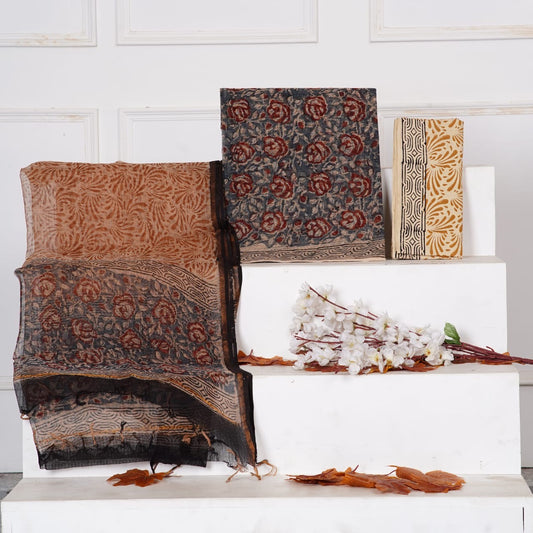 Bagru Kalamkari Handblock Printed Kota Doria Suit Material With Kota Doria Dupatta with Jari Border