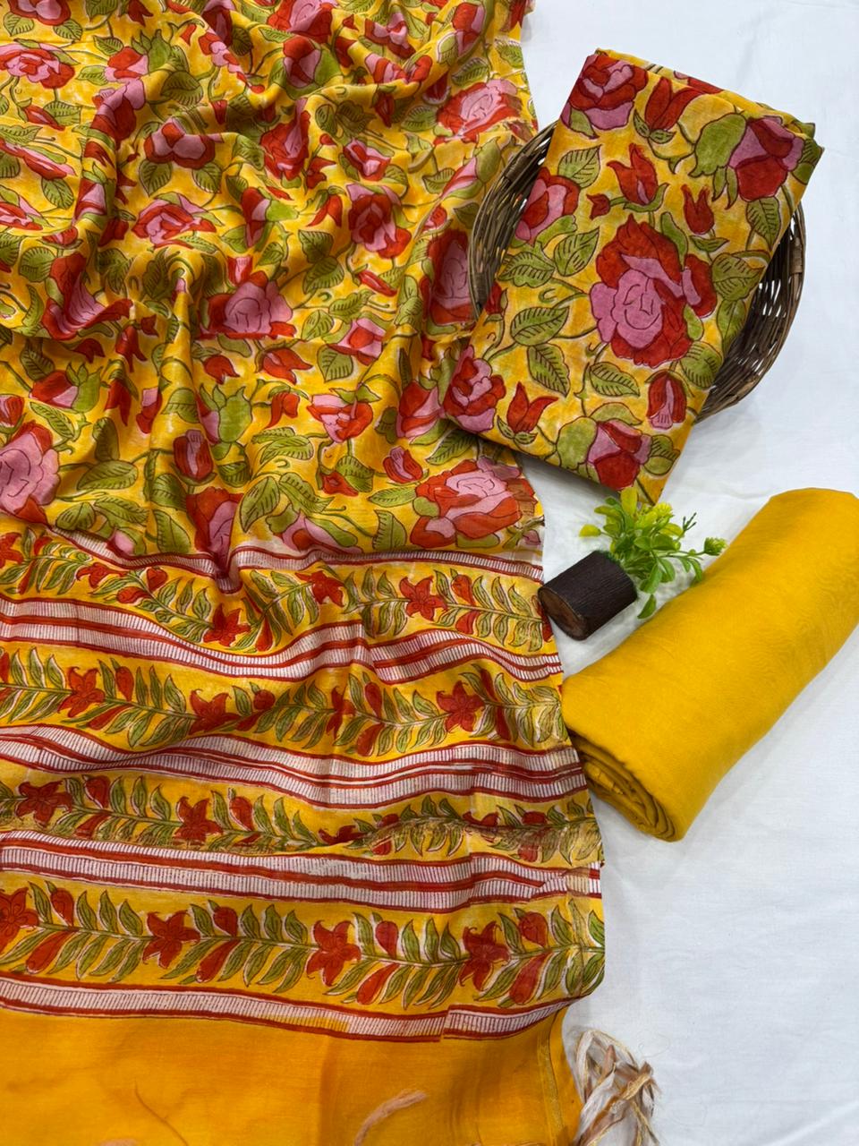 Premium Handblock Print Pure Chanderi Silk Unstitched Suit Set – Handwoven Zari Border | The Bhankar’s