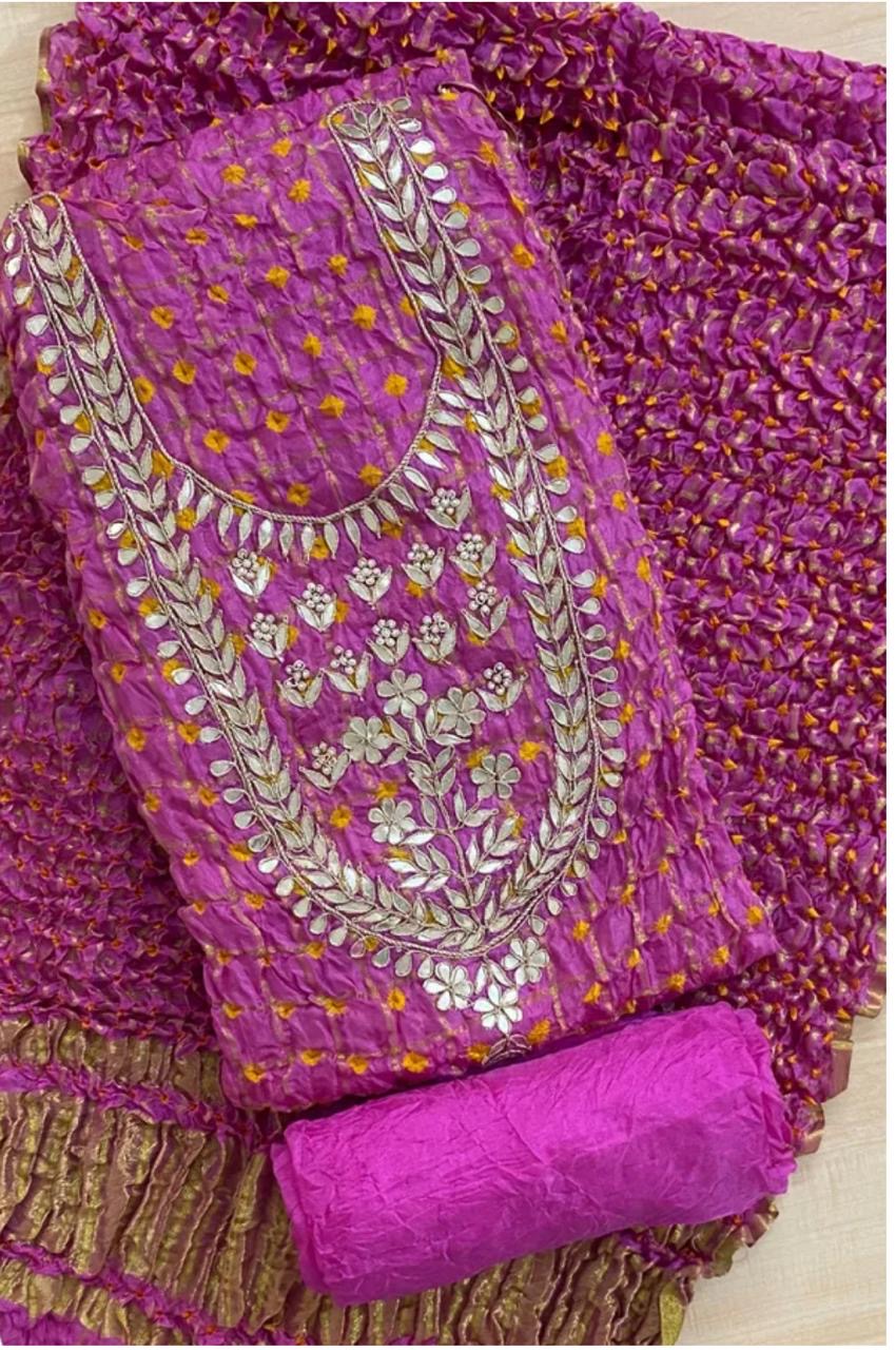 Rani / Pink GHATCHOLA Neck BANDHANI Art SILK FABRIC SUITS WITH BEAUTIFUL HAND GOTAPATTI WORK DUPATTA