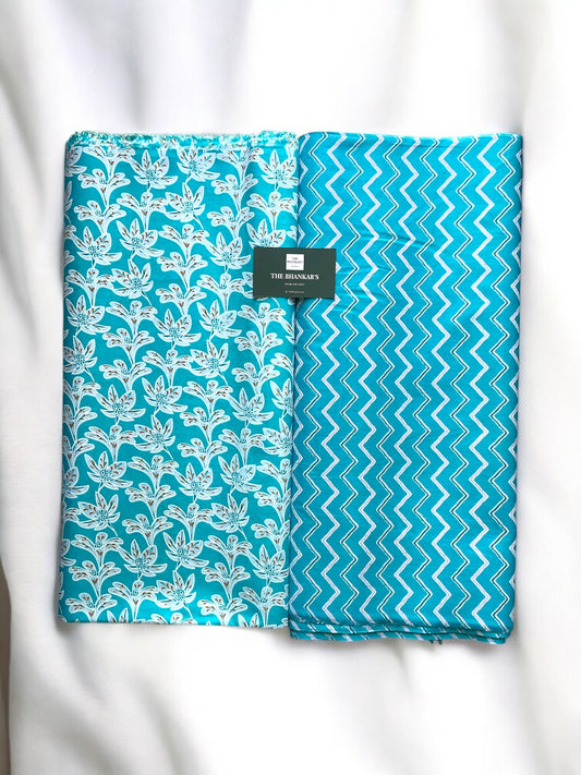 Skyblue Floral Print Top and Bottom Cotton Combo Set 2.5 Mtr Each