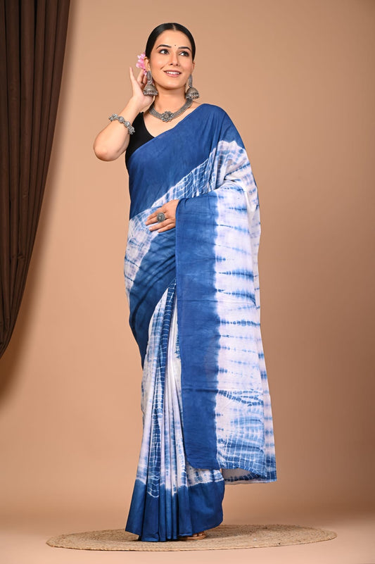 Blue Tie Die Cotton Mulmul Saree with Blouse Piece