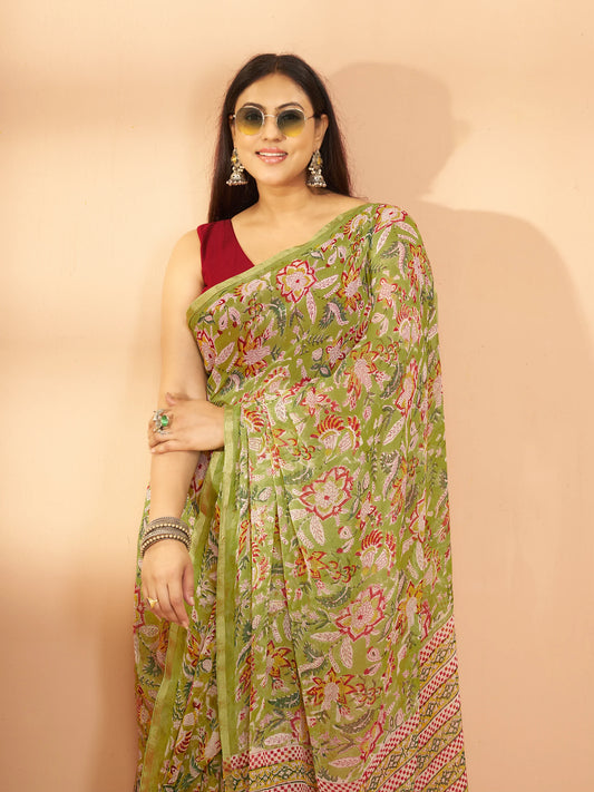 Exclusive Handblock Printed Pure Double Diamond Chiffon Floral Green Print | Premium Bemberg Silk Chiffon with Intricate Gold Zari Border