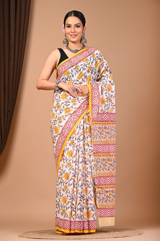 Handblock Printed Cotton Mulmul Saree with Blouse Piece