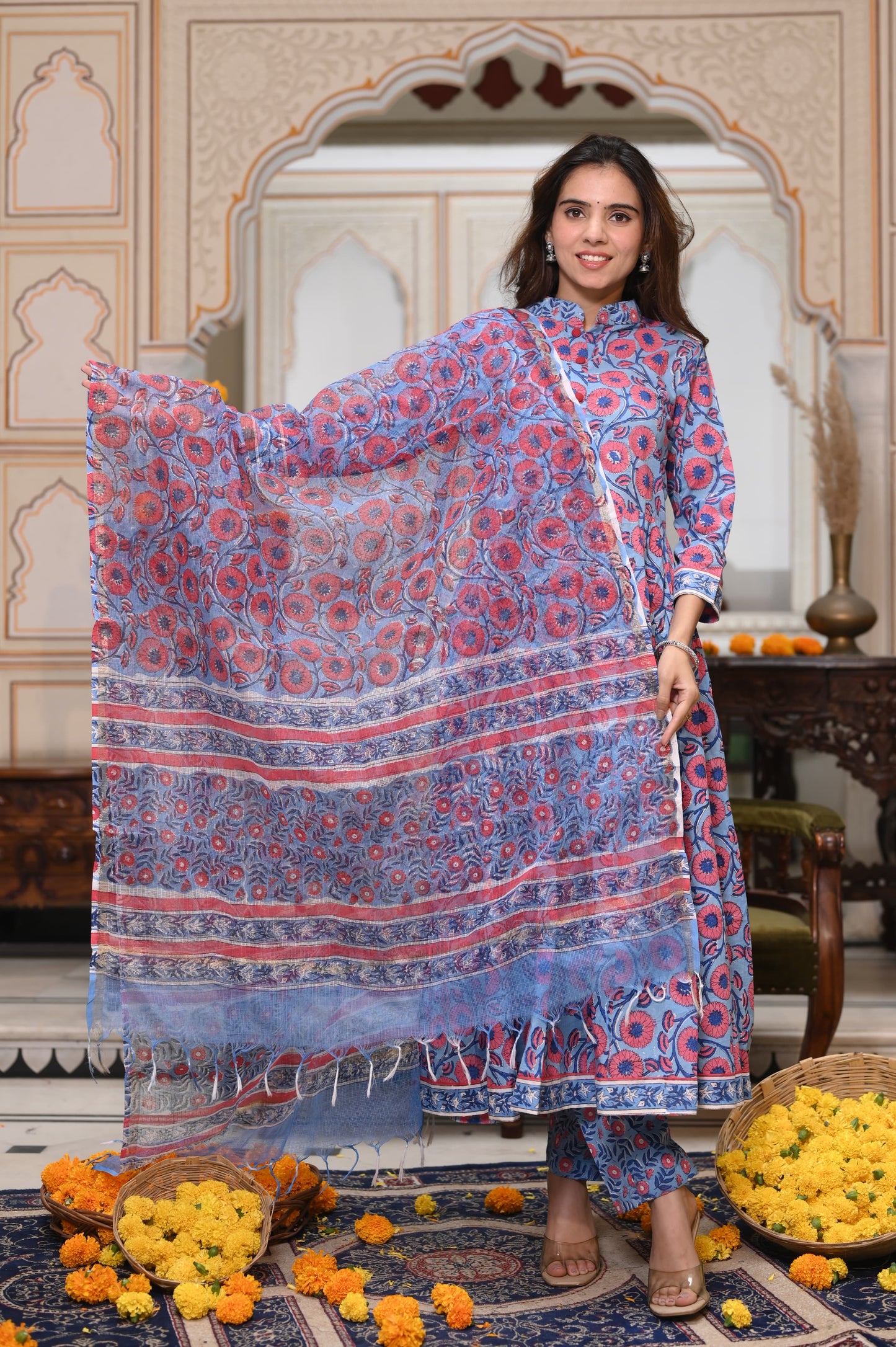 Bagru Handblock Printed Anarkali Set With Kota doria Dupatta with Zari Border