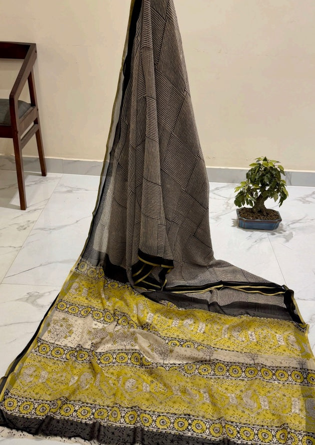 Exclusive Premium Handblock Printed Pure Double Diamond Chiffon Saree with Matching Blouse Piece – Grey & Mustard Yellow