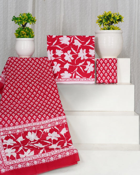 Hand Block Printed Cotton Suit With Mulmul Cotton Dupatta