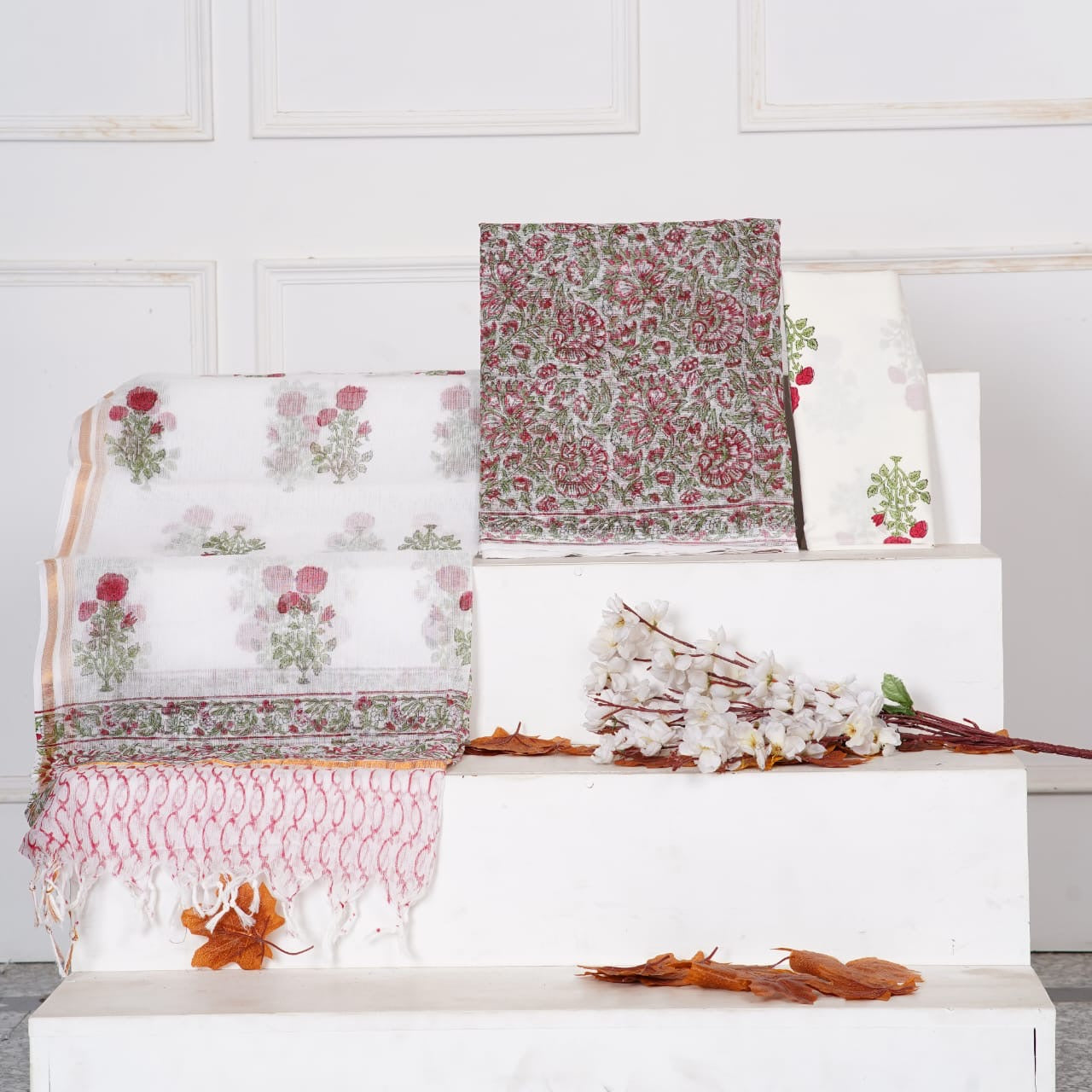 Sanganeri Handblock Printed Kota Doria Suit Material With Kota Doria Dupatta with Jari Border