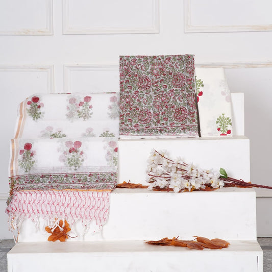 Sanganeri Handblock Printed Kota Doria Suit Material With Kota Doria Dupatta with Jari Border