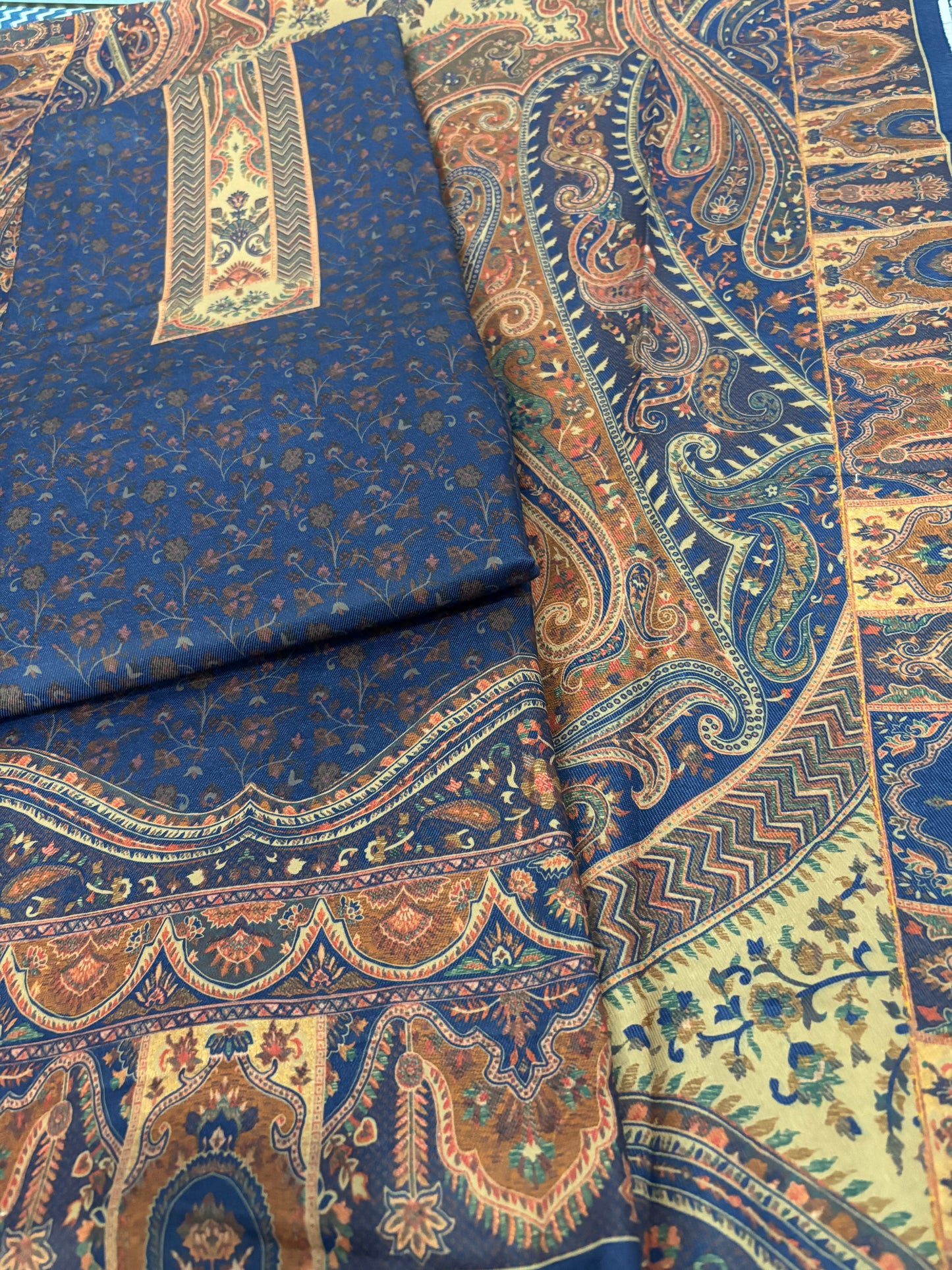 Blue Self Print Panel Style Floral Printed Semi Pashmina Winter Suit Set