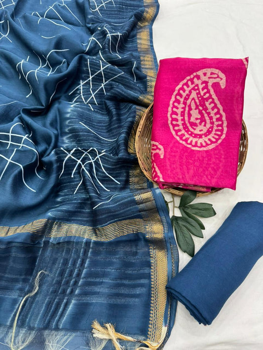 Premium Maheshwari Silk Unstitched Suit with Santoon Bottom – Festive Ready