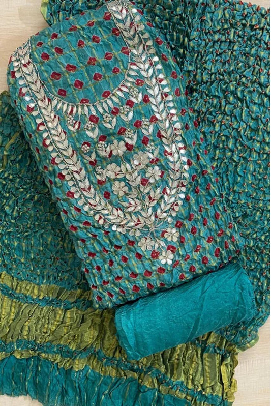 Rama Green GHATCHOLA Neck BANDHANI Art SILK FABRIC SUITS WITH BEAUTIFUL HAND GOTAPATTI WORK DUPATTA