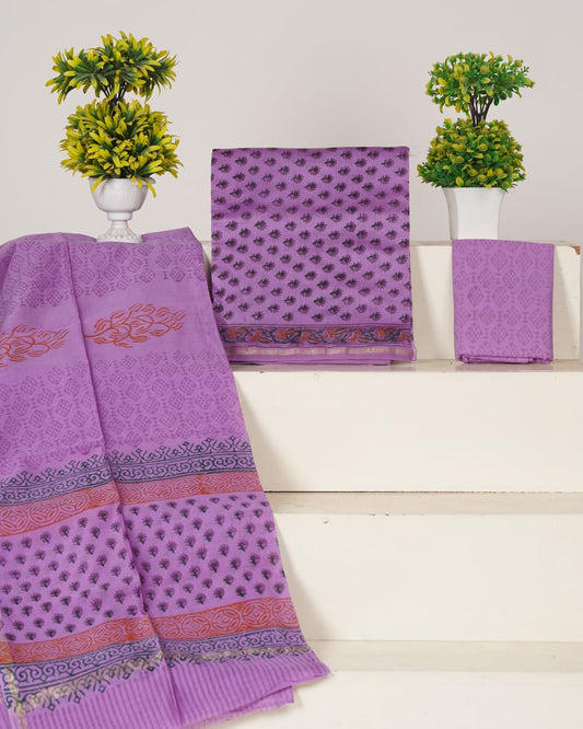 Purple Handblock Print Pure Chanderi Silk Unstitched Suit Set – Handwoven Zari Border | The Bhankar’s