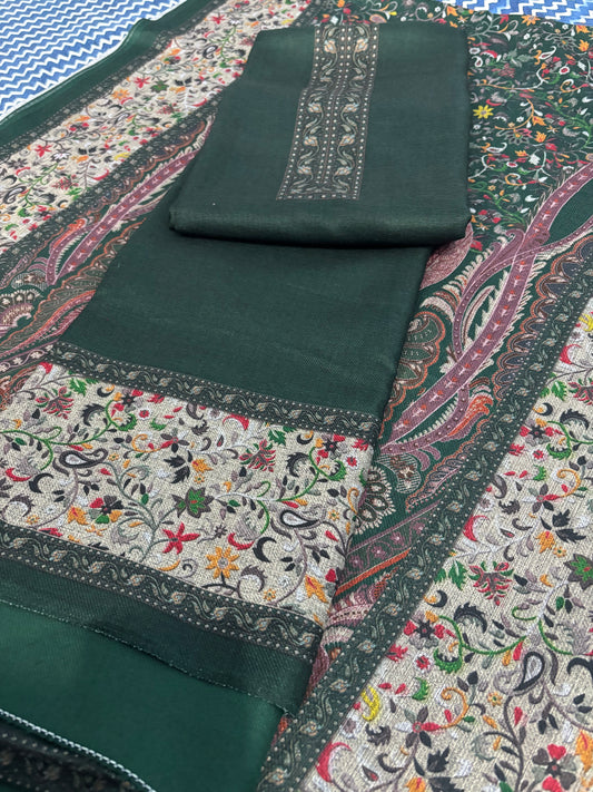 Green Panel Style Floral Printed Semi Pashmina Winter Suit Set