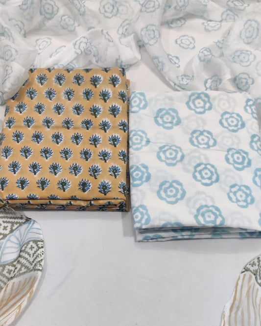 Rapid Hand Block Printed Cotton Suit With Chiffon Dupatta