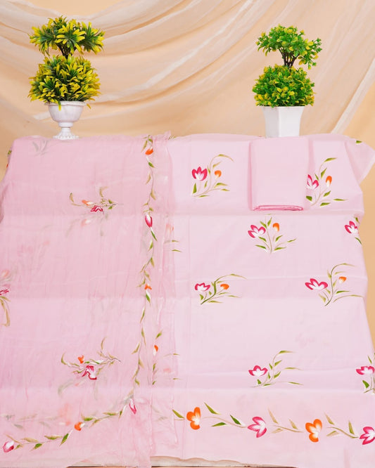 Baby Pink Hand Painted Cotton Suit With Hand Painted Chiffon Dupatta