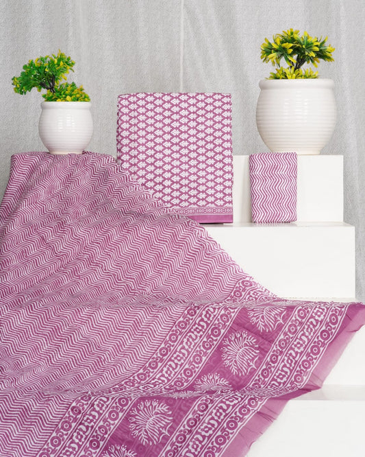 Hand Block Printed Cotton Suit With Mulmul Cotton Dupatta