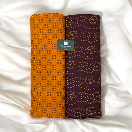 Brown Yellow Bandhej Print Top and Bottom Cotton Combo Set 2.5 Mtr Each