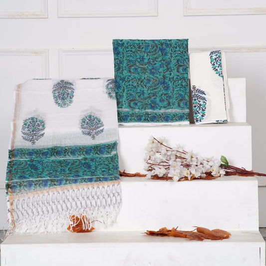 Sanganeri Handblock Printed Kota Doria Suit Material With Kota Doria Dupatta with Jari Border