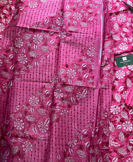 Pink Floral Beautiful Handblock Printed Cotton Suit With Mulmul Cotton Dupatta