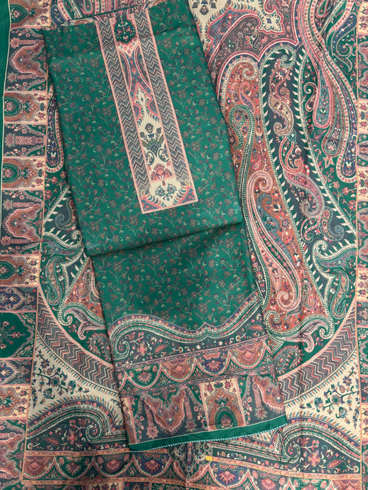 Green Panel Style Floral Printed Semi Pashmina Winter Suit Set